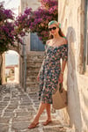 Desenli Oversize Fit Carmen Yaka Büzgü Detaylı Midi Boy Kadın Elbise 6782169 LACİVERT