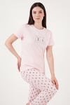 Desenli Pamuklu Bisiklet Yaka Kaprili Kadın Pijama Takımı 65790787 PUDRA