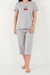 Desenli Pamuklu Bisiklet Yaka Kaprili Kadın Pijama Takımı 65790787 GRİ