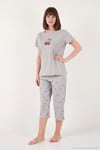 Desenli Pamuklu Bisiklet Yaka Kaprili Kadın Pijama Takımı 65790787 GRİ