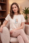 Desenli Pamuklu Bisiklet Yaka Kaprili Kadın Pijama Takımı 65790787 BEJ