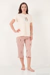 Desenli Pamuklu Bisiklet Yaka Kaprili Kadın Pijama Takımı 65790787 BEJ