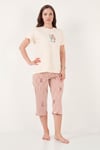 Desenli Pamuklu Bisiklet Yaka Kaprili Kadın Pijama Takımı 65790787 BEJ