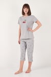 Desenli Pamuklu Bisiklet Yaka Kaprili Kadın Pijama Takımı 65790787 GRİ
