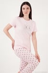 Desenli Pamuklu Bisiklet Yaka Kaprili Kadın Pijama Takımı 65790787 PUDRA