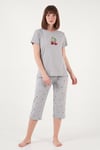 Desenli Pamuklu Bisiklet Yaka Kaprili Kadın Pijama Takımı 65790787 GRİ