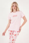 Desenli Pamuklu Bisiklet Yaka Kaprili Kadın Pijama Takımı 65790787 PEMBE