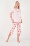 Desenli Pamuklu Bisiklet Yaka Kaprili Kadın Pijama Takımı 65790787 PEMBE