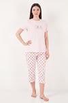 Desenli Pamuklu Bisiklet Yaka Kaprili Kadın Pijama Takımı 65790787 PUDRA
