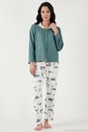 Desenli Regular Fit Apaş Yaka Beli Lastikli Bol Paça Kadın Pijama Takımı 65714300 YEŞİL