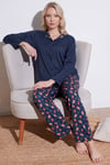 Desenli Regular Fit Apaş Yaka Beli Lastikli Bol Paça Kadın Pijama Takımı 65714300 LACİVERT