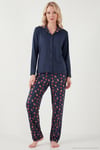 Desenli Regular Fit Apaş Yaka Beli Lastikli Bol Paça Kadın Pijama Takımı 65714300 LACİVERT