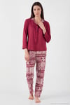 Desenli Regular Fit Apaş Yaka Beli Lastikli Bol Paça Kadın Pijama Takımı 65714300 BORDO