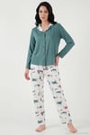 Desenli Regular Fit Apaş Yaka Beli Lastikli Bol Paça Kadın Pijama Takımı 65714300 YEŞİL
