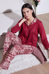 Desenli Regular Fit Apaş Yaka Beli Lastikli Bol Paça Kadın Pijama Takımı 65714300 BORDO