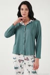 Desenli Regular Fit Apaş Yaka Beli Lastikli Bol Paça Kadın Pijama Takımı 65714300 YEŞİL