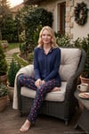 Desenli Regular Fit Apaş Yaka Beli Lastikli Bol Paça Kadın Pijama Takımı 65714300 LACİVERT