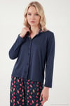 Desenli Regular Fit Apaş Yaka Beli Lastikli Bol Paça Kadın Pijama Takımı 65714300 LACİVERT