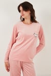 Desenli Regular Fit Bisiklet Yaka Uzun Kollu Kadın Pijama Takımı 65713312 PUDRA