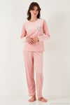 Desenli Regular Fit Bisiklet Yaka Uzun Kollu Kadın Pijama Takımı 65713312 PUDRA