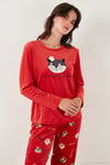 Desenli Regular Fit Bisiklet Yaka Uzun Kollu Kadın Pijama Takımı 65713312 KIRMIZI