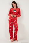 Desenli Regular Fit Bisiklet Yaka Uzun Kollu Kadın Pijama Takımı 65713312 KIRMIZI