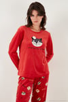 Desenli Regular Fit Bisiklet Yaka Uzun Kollu Kadın Pijama Takımı 65713312 KIRMIZI