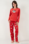 Desenli Regular Fit Bisiklet Yaka Uzun Kollu Kadın Pijama Takımı 65713312 KIRMIZI