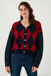 Desenli Regular Fit Düğmeli V Yaka Crop Kadın Hırka 4615553 LACİVERT-KIRMIZI