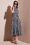 Desenli Regular Fit Halter Yaka Kemerli Midi Boy Kadın Elbise 6772030 SİYAH