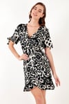 Desenli Regular Fit Kruvaze Yaka Mini Kadın Elbise 5865725 SİYAH