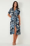 Desenli Relaxed Fit Balon Kol Yırtmaçlı Kemerli Midi Boy Kadın Elbise 67810558 SAKS