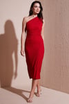Desenli Slim Fit Midi Boy Tek Omuzlu Abiye Kadın Elbise 5866202 KIRMIZI