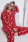 Desenli Standart Fit Düğmeli Polarlı Rahat Kışlık Kadın Pijama Takımı 6095617 KIRMIZI