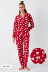 Desenli Standart Fit Düğmeli Polarlı Rahat Kışlık Kadın Pijama Takımı 6095617 KIRMIZI