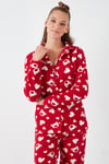 Desenli Standart Fit Düğmeli Polarlı Rahat Kışlık Kadın Pijama Takımı 6095617 KIRMIZI