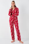 Desenli Standart Fit Düğmeli Polarlı Rahat Kışlık Kadın Pijama Takımı 6095617 KIRMIZI