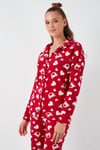 Desenli Standart Fit Düğmeli Polarlı Rahat Kışlık Kadın Pijama Takımı 6095617 KIRMIZI
