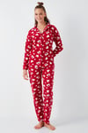 Desenli Standart Fit Düğmeli Polarlı Rahat Kışlık Kadın Pijama Takımı 6095617 KIRMIZI
