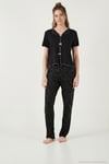 Desenli Standart Fit Kurdele Detaylı Kısa Kollu Kadın Pijama Takımı 6091435 SİYAH-BEYAZ