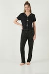 Desenli Standart Fit Kurdele Detaylı Kısa Kollu Kadın Pijama Takımı 6091435 SİYAH-BEYAZ