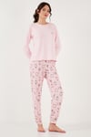 Desenli Yumuşak Dokulu Regular Fit Beli Lastikli Bisiklet Yaka Rahat Kadın Pijama Takımı 65714101 AÇIK PEMBE