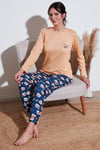 Desenli Yumuşak Dokulu Regular Fit Beli Lastikli Bisiklet Yaka Rahat Kadın Pijama Takımı 65714101 ŞEFTALİ