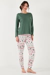 Desenli Yumuşak Dokulu Regular Fit Beli Lastikli Bisiklet Yaka Rahat Kadın Pijama Takımı 65714101 YEŞİL
