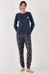Desenli Yumuşak Dokulu Regular Fit Beli Lastikli Bisiklet Yaka Rahat Kadın Pijama Takımı 65714101 LACİVERT