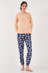 Desenli Yumuşak Dokulu Regular Fit Beli Lastikli Bisiklet Yaka Rahat Kadın Pijama Takımı 65714101 ŞEFTALİ