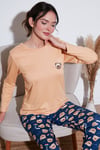 Desenli Yumuşak Dokulu Regular Fit Beli Lastikli Bisiklet Yaka Rahat Kadın Pijama Takımı 65714101 ŞEFTALİ