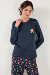 Desenli Yumuşak Dokulu Regular Fit Beli Lastikli Bisiklet Yaka Rahat Kadın Pijama Takımı 65714101 LACİVERT