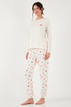 Desenli Yumuşak Dokulu Regular Fit Beli Lastikli Bisiklet Yaka Rahat Kadın Pijama Takımı 65714101 EKRU