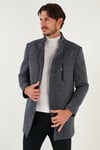 Düğmeli Dik Yaka Kırçıllı Slim Fit Kaşe Erkek Kaban 5841016 Lacivert Noktalı